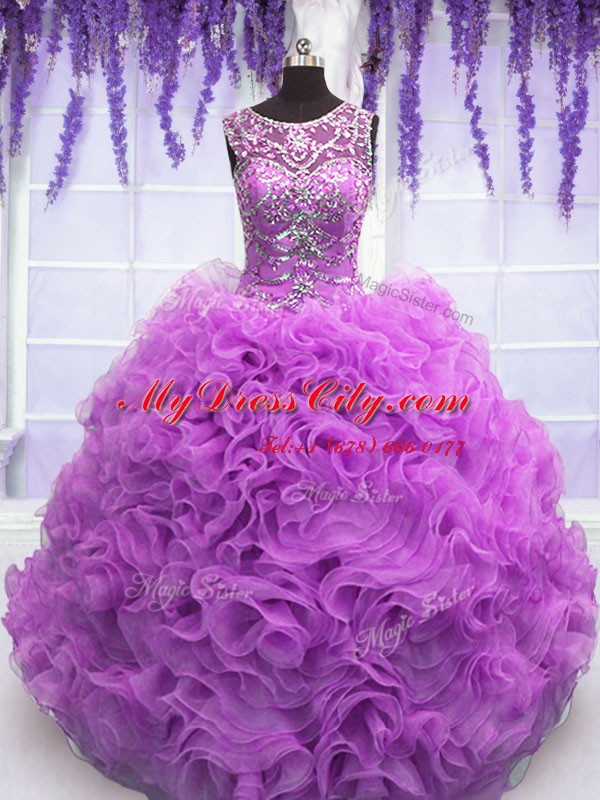 Lilac Ball Gowns Scoop Sleeveless Organza Floor Length Lace Up Beading and Ruffles Sweet 16 Quinceanera Dress