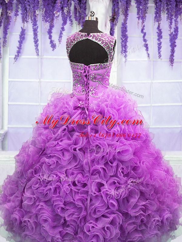 Lilac Ball Gowns Scoop Sleeveless Organza Floor Length Lace Up Beading and Ruffles Sweet 16 Quinceanera Dress