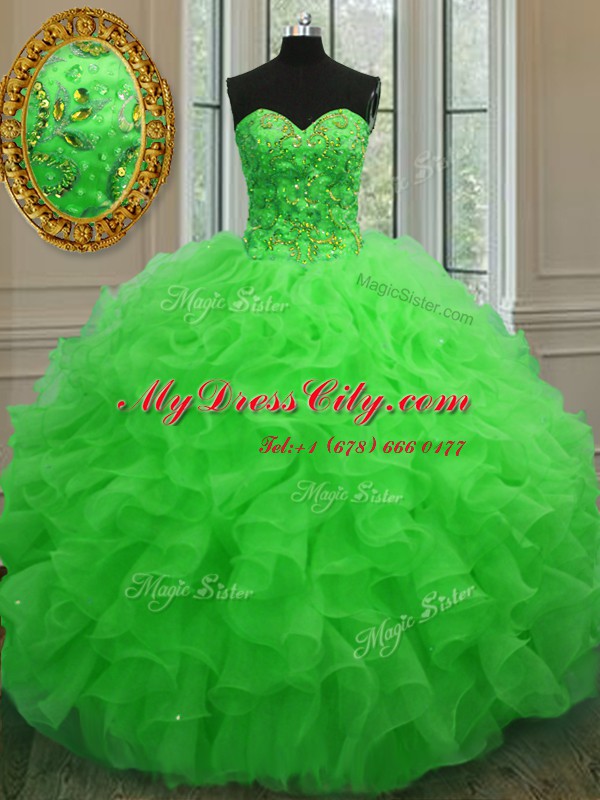 Colorful Ball Gowns Organza Sweetheart Sleeveless Beading and Ruffles Floor Length Lace Up Sweet 16 Dress