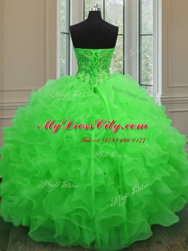 Colorful Ball Gowns Organza Sweetheart Sleeveless Beading and Ruffles Floor Length Lace Up Sweet 16 Dress