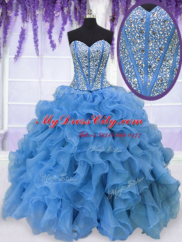 Baby Blue Ball Gowns Sweetheart Sleeveless Organza Floor Length Lace Up Beading and Ruffles Quinceanera Gowns