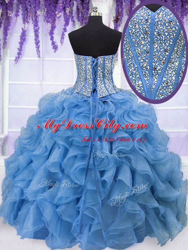 Baby Blue Ball Gowns Sweetheart Sleeveless Organza Floor Length Lace Up Beading and Ruffles Quinceanera Gowns