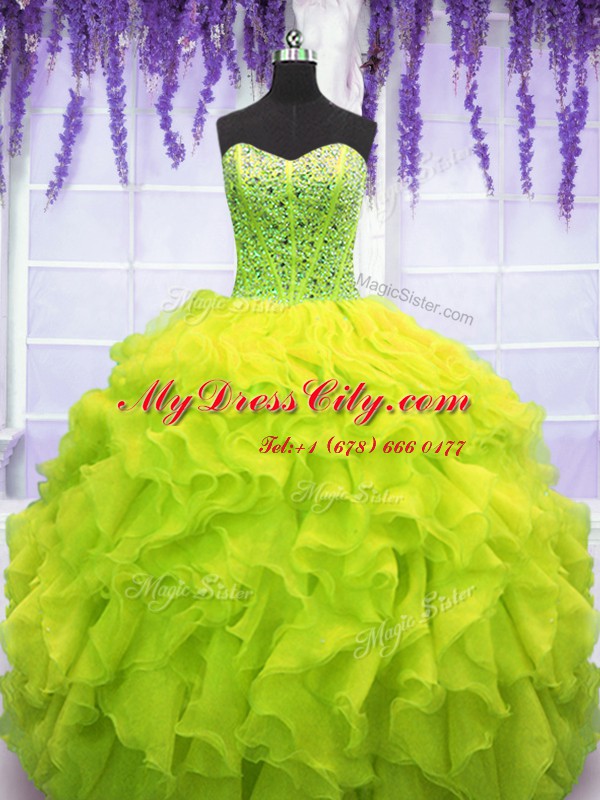 Delicate Yellow Green Sleeveless Beading and Ruffles Floor Length Quinceanera Dresses