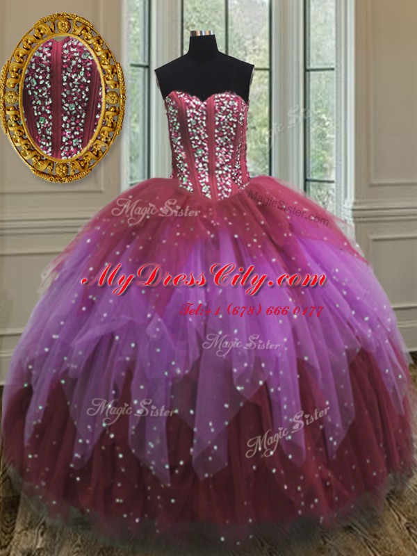 Latest Sleeveless Tulle Floor Length Lace Up Quinceanera Dresses in Multi-color with Beading and Ruffles and Sequins