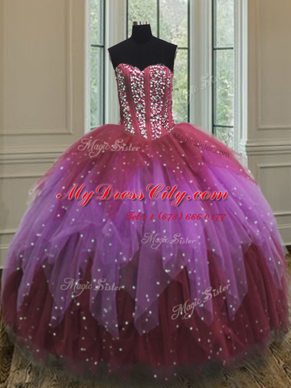 Latest Sleeveless Tulle Floor Length Lace Up Quinceanera Dresses in Multi-color with Beading and Ruffles and Sequins