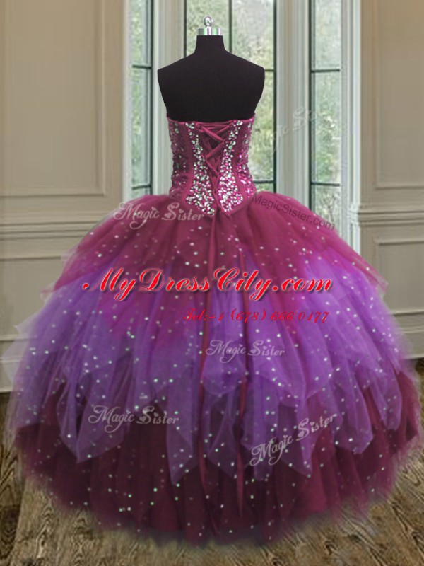 Latest Sleeveless Tulle Floor Length Lace Up Quinceanera Dresses in Multi-color with Beading and Ruffles and Sequins