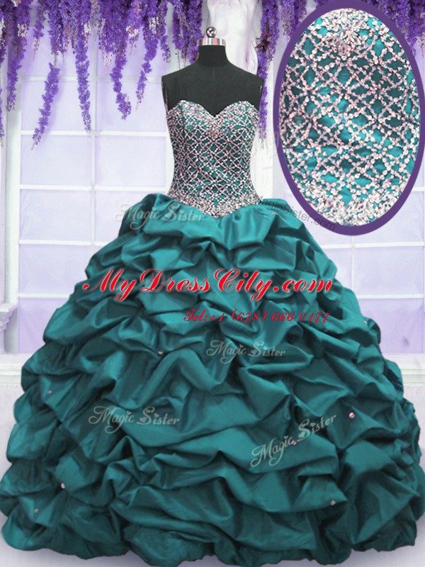 Elegant Teal Taffeta Lace Up Sweetheart Sleeveless Floor Length Ball Gown Prom Dress Beading and Sequins and Pick Ups