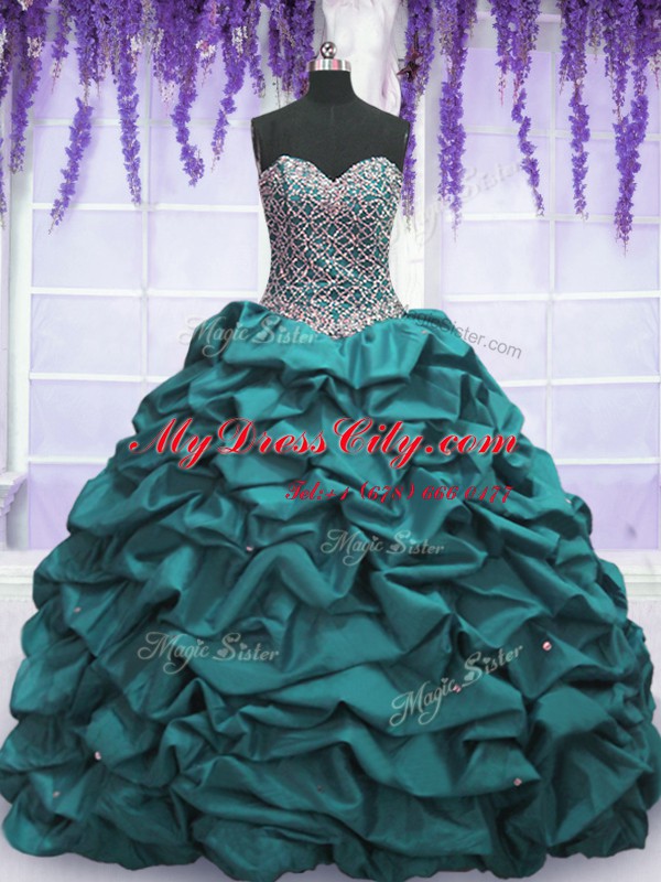 Elegant Teal Taffeta Lace Up Sweetheart Sleeveless Floor Length Ball Gown Prom Dress Beading and Sequins and Pick Ups