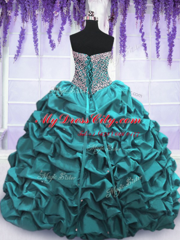 Elegant Teal Taffeta Lace Up Sweetheart Sleeveless Floor Length Ball Gown Prom Dress Beading and Sequins and Pick Ups