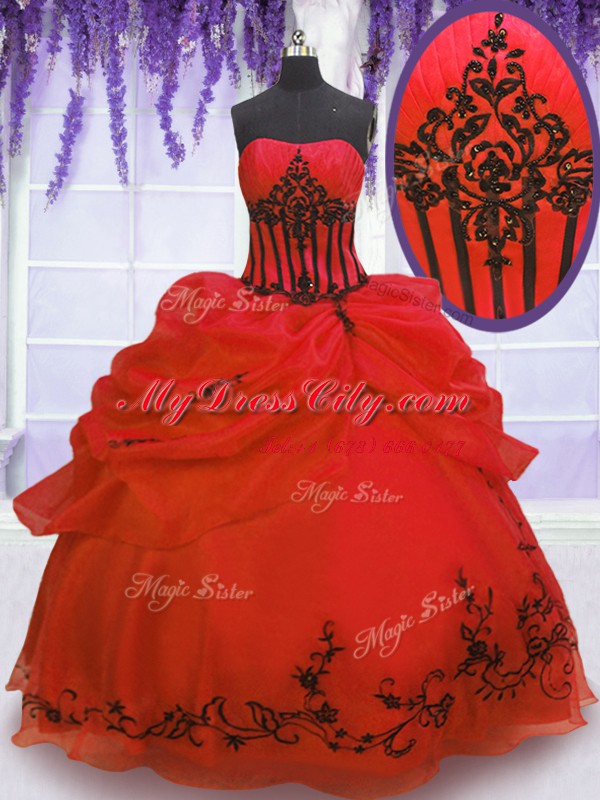 Red Ball Gowns Strapless Sleeveless Organza Floor Length Lace Up Embroidery and Pick Ups Quinceanera Dress