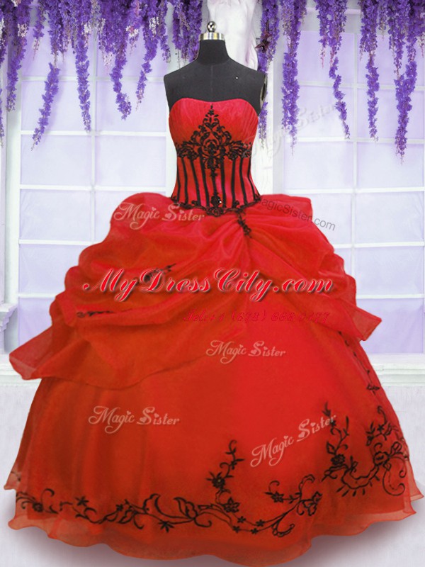 Red Ball Gowns Strapless Sleeveless Organza Floor Length Lace Up Embroidery and Pick Ups Quinceanera Dress