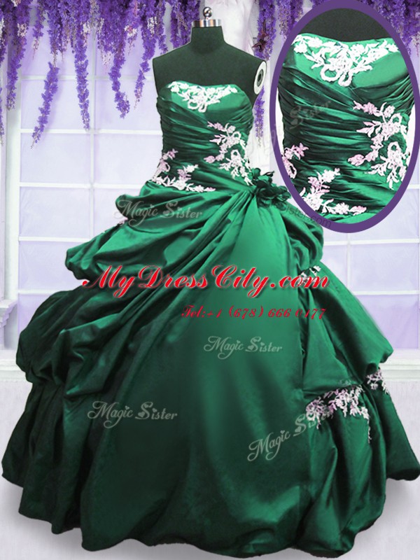 Ideal Sleeveless Floor Length Appliques and Pick Ups Lace Up Quinceanera Dress with Green and Dark Green