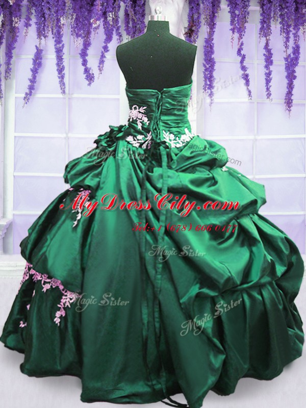 Ideal Sleeveless Floor Length Appliques and Pick Ups Lace Up Quinceanera Dress with Green and Dark Green