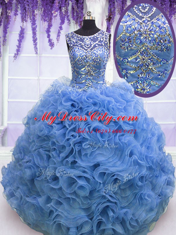 Comfortable Scoop Baby Blue Lace Up 15th Birthday Dress Beading and Ruffles Sleeveless Floor Length