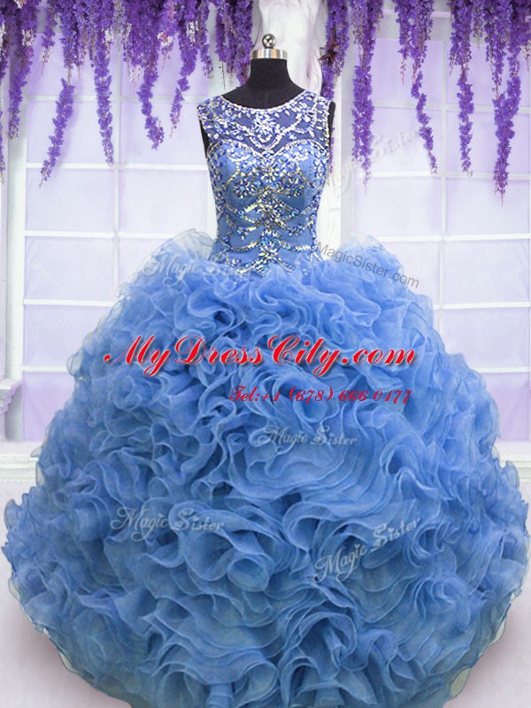 Comfortable Scoop Baby Blue Lace Up 15th Birthday Dress Beading and Ruffles Sleeveless Floor Length