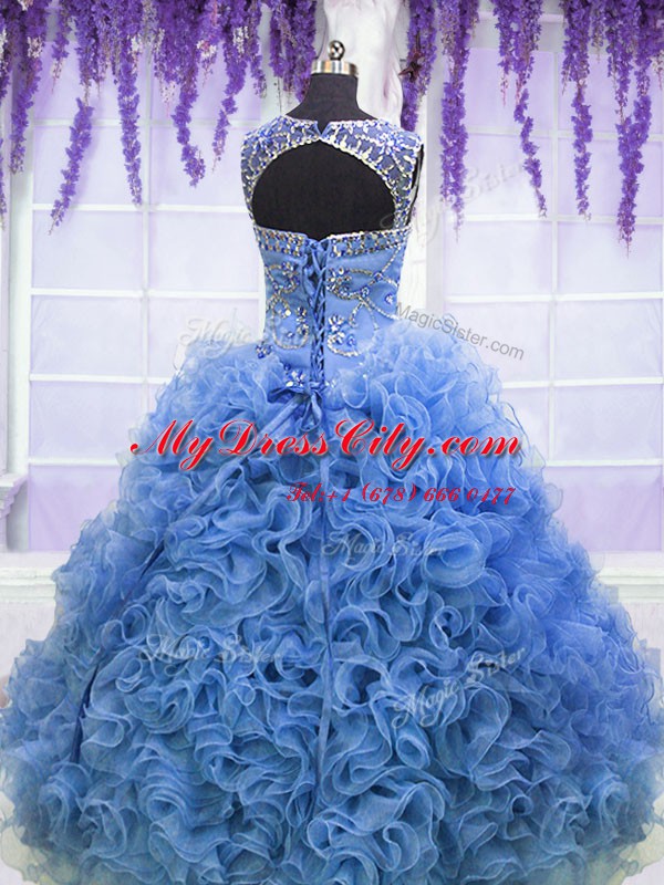 Comfortable Scoop Baby Blue Lace Up 15th Birthday Dress Beading and Ruffles Sleeveless Floor Length