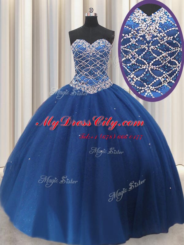 Latest Sweetheart Sleeveless Vestidos de Quinceanera Floor Length Beading and Sequins Royal Blue Tulle