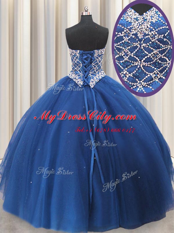 Latest Sweetheart Sleeveless Vestidos de Quinceanera Floor Length Beading and Sequins Royal Blue Tulle