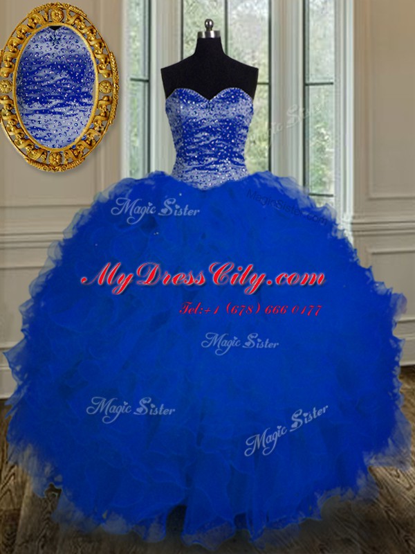 Royal Blue Tulle Lace Up Sweetheart Sleeveless Floor Length Vestidos de Quinceanera Beading and Ruffles