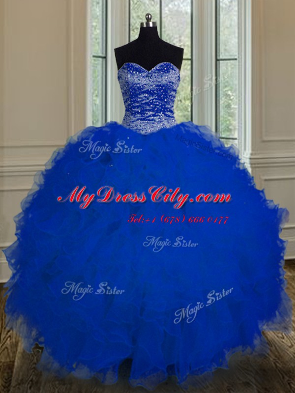 Royal Blue Tulle Lace Up Sweetheart Sleeveless Floor Length Vestidos de Quinceanera Beading and Ruffles