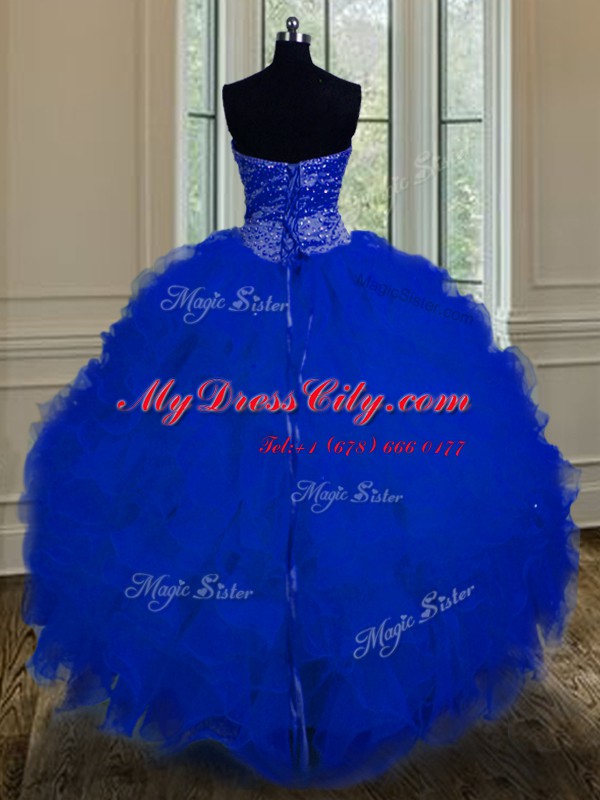 Royal Blue Tulle Lace Up Sweetheart Sleeveless Floor Length Vestidos de Quinceanera Beading and Ruffles