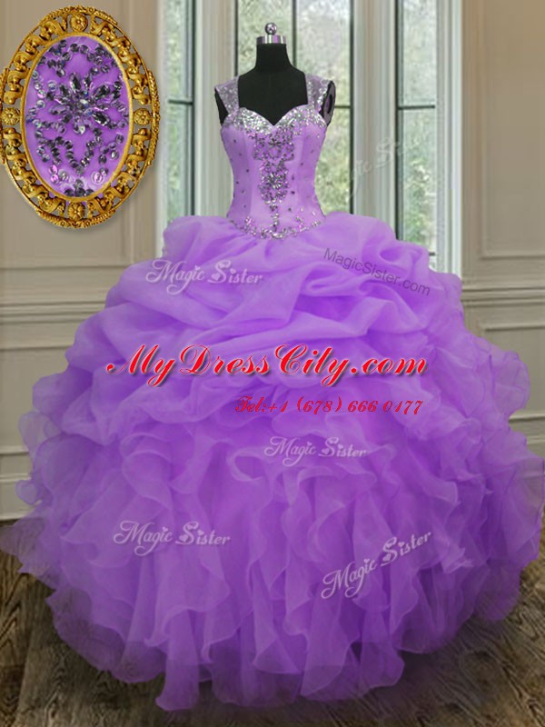 Lavender Ball Gowns Organza Straps Sleeveless Beading and Ruffles Floor Length Zipper Ball Gown Prom Dress