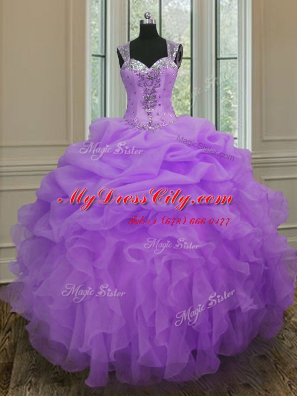 Lavender Ball Gowns Organza Straps Sleeveless Beading and Ruffles Floor Length Zipper Ball Gown Prom Dress