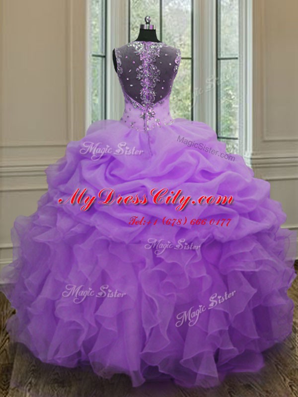 Lavender Ball Gowns Organza Straps Sleeveless Beading and Ruffles Floor Length Zipper Ball Gown Prom Dress