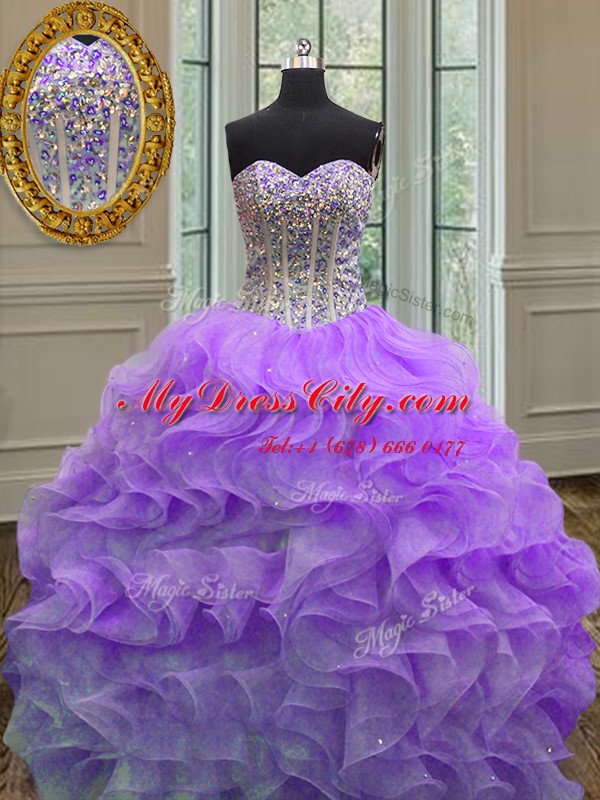 Deluxe Lavender Ball Gowns Organza Sweetheart Sleeveless Beading and Ruffles Floor Length Lace Up Vestidos de Quinceanera