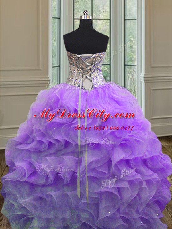 Deluxe Lavender Ball Gowns Organza Sweetheart Sleeveless Beading and Ruffles Floor Length Lace Up Vestidos de Quinceanera