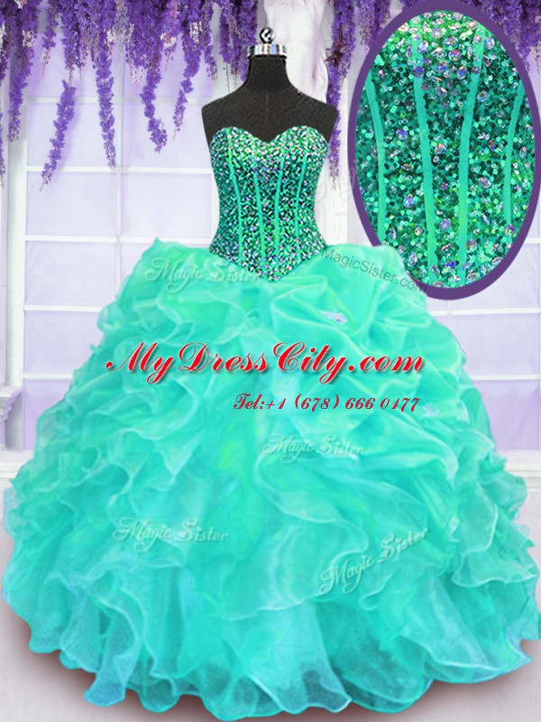 Turquoise Organza Lace Up Sweetheart Sleeveless Floor Length 15th Birthday Dress Beading and Ruffles