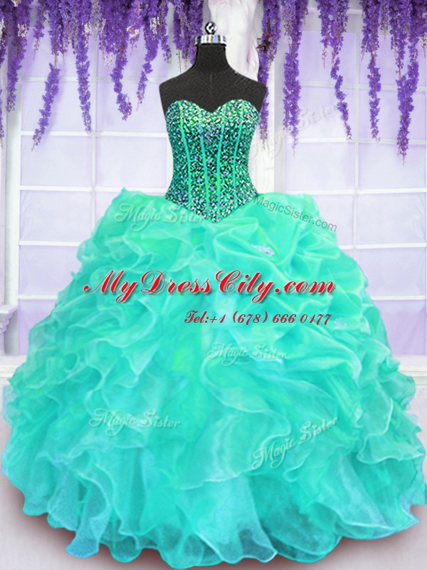 Turquoise Organza Lace Up Sweetheart Sleeveless Floor Length 15th Birthday Dress Beading and Ruffles