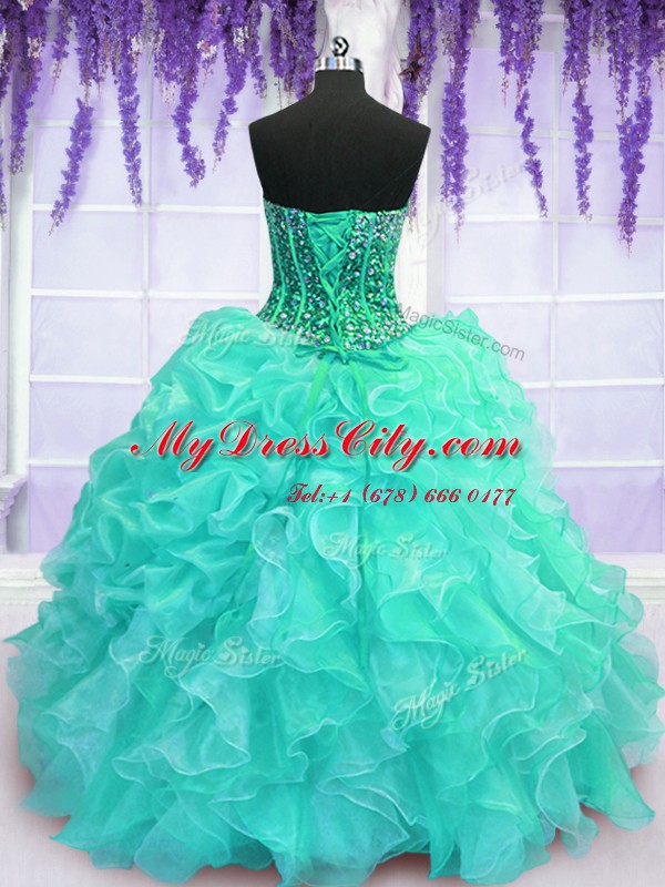 Turquoise Organza Lace Up Sweetheart Sleeveless Floor Length 15th Birthday Dress Beading and Ruffles