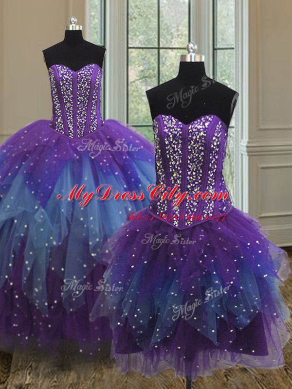 Three Piece Sequins Ball Gowns Quince Ball Gowns Multi-color Sweetheart Tulle Sleeveless Floor Length Lace Up