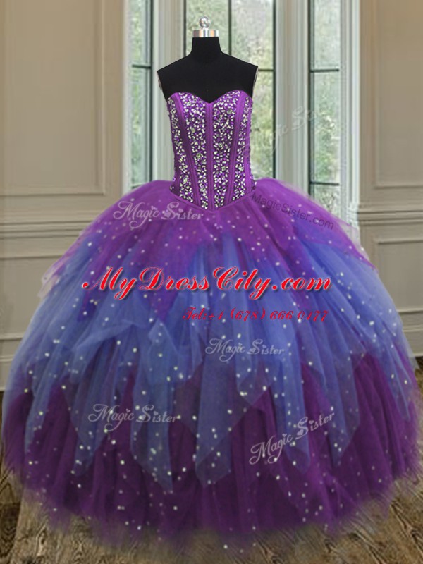 Three Piece Sequins Ball Gowns Quince Ball Gowns Multi-color Sweetheart Tulle Sleeveless Floor Length Lace Up