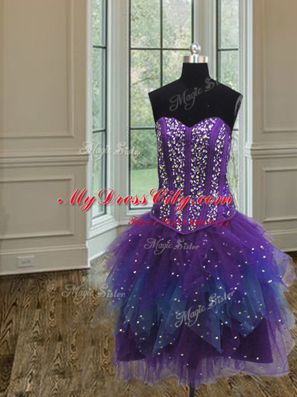 Three Piece Sequins Ball Gowns Quince Ball Gowns Multi-color Sweetheart Tulle Sleeveless Floor Length Lace Up