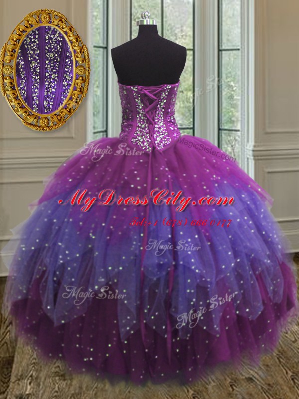 Three Piece Sequins Ball Gowns Quince Ball Gowns Multi-color Sweetheart Tulle Sleeveless Floor Length Lace Up