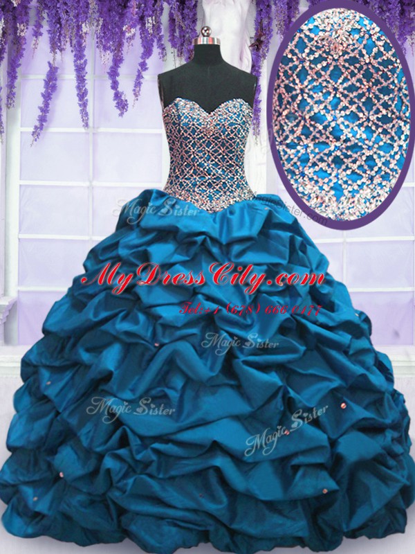 New Arrival Sleeveless Floor Length Beading and Sequins and Pick Ups Lace Up Ball Gown Prom Dress with Blue