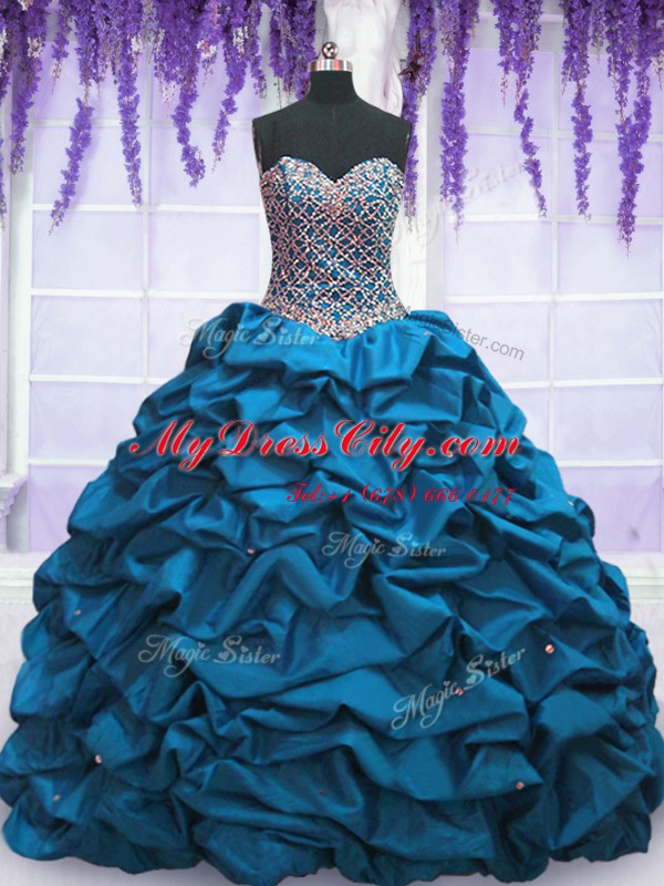 New Arrival Sleeveless Floor Length Beading and Sequins and Pick Ups Lace Up Ball Gown Prom Dress with Blue