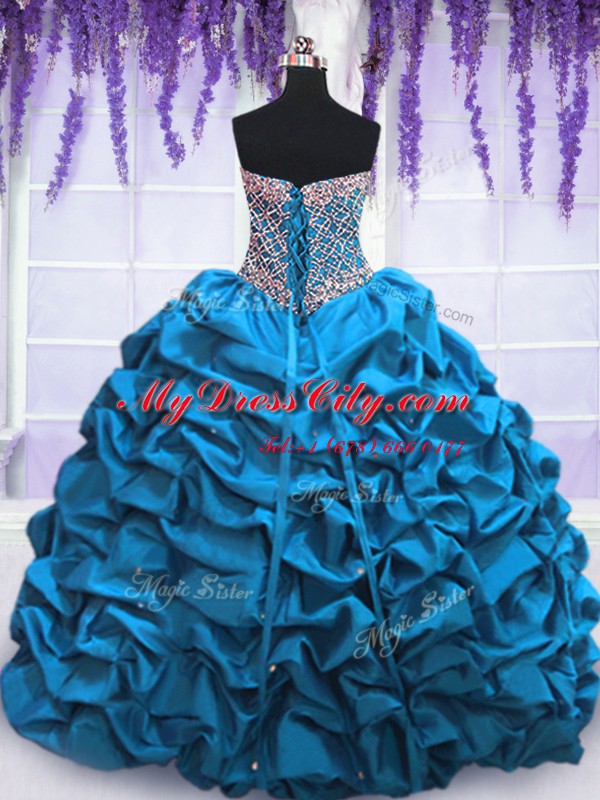 New Arrival Sleeveless Floor Length Beading and Sequins and Pick Ups Lace Up Ball Gown Prom Dress with Blue