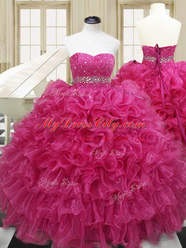 Adorable Ball Gowns Quinceanera Gown Hot Pink Sweetheart Organza Sleeveless Floor Length Lace Up