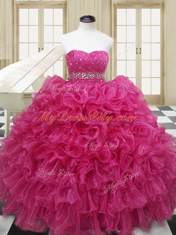 Adorable Ball Gowns Quinceanera Gown Hot Pink Sweetheart Organza Sleeveless Floor Length Lace Up