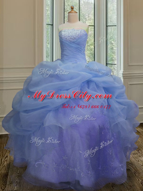 Blue Strapless Lace Up Embroidery and Pick Ups Vestidos de Quinceanera Sleeveless