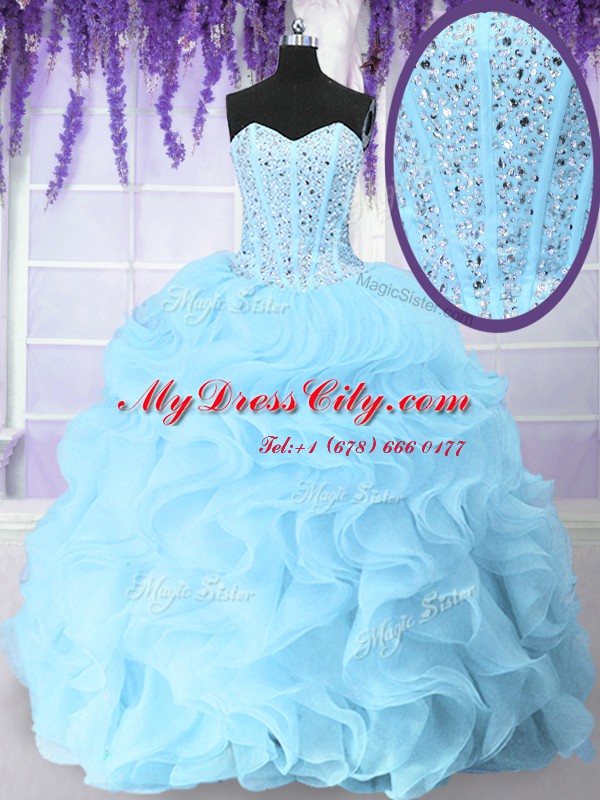 Blue Ball Gowns Sweetheart Sleeveless Organza Floor Length Lace Up Beading and Ruffles Vestidos de Quinceanera