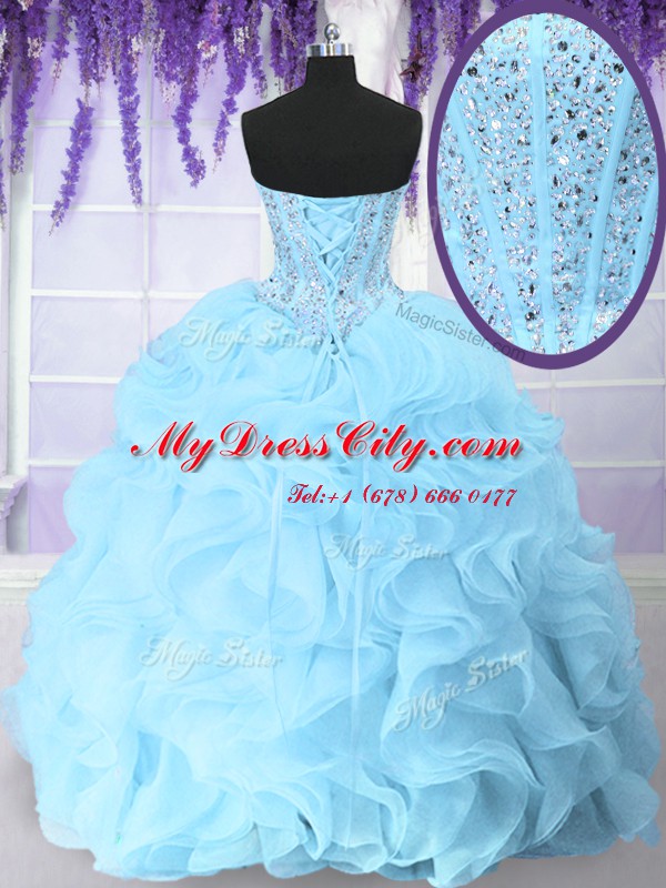 Blue Ball Gowns Sweetheart Sleeveless Organza Floor Length Lace Up Beading and Ruffles Vestidos de Quinceanera