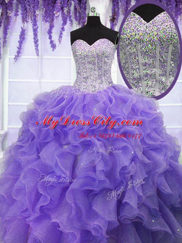 Superior Lavender Sleeveless Floor Length Ruffles and Sequins Lace Up Quinceanera Dress