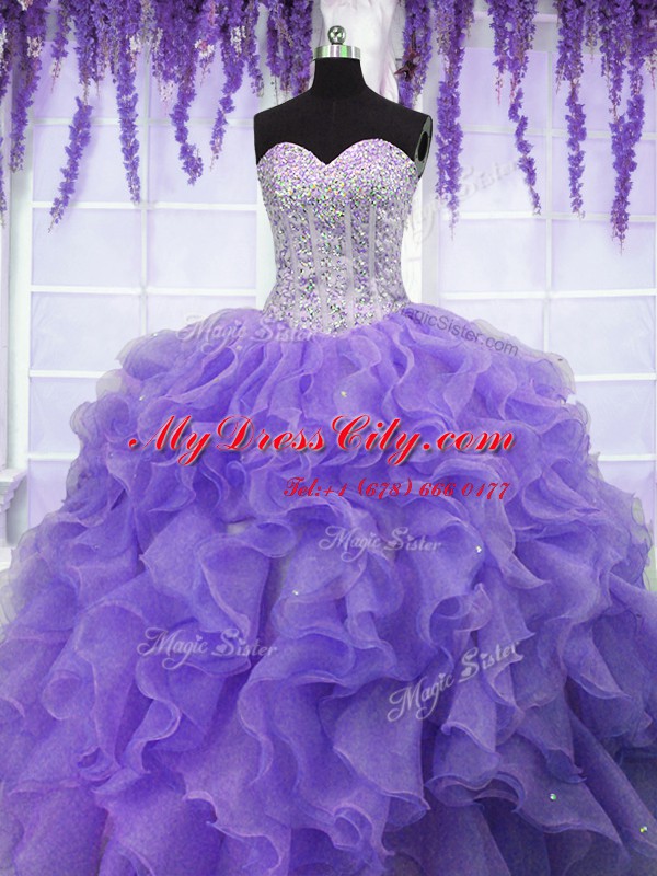 Superior Lavender Sleeveless Floor Length Ruffles and Sequins Lace Up Quinceanera Dress