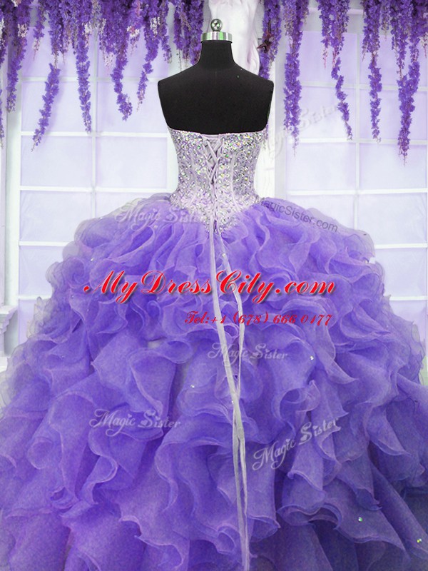 Superior Lavender Sleeveless Floor Length Ruffles and Sequins Lace Up Quinceanera Dress