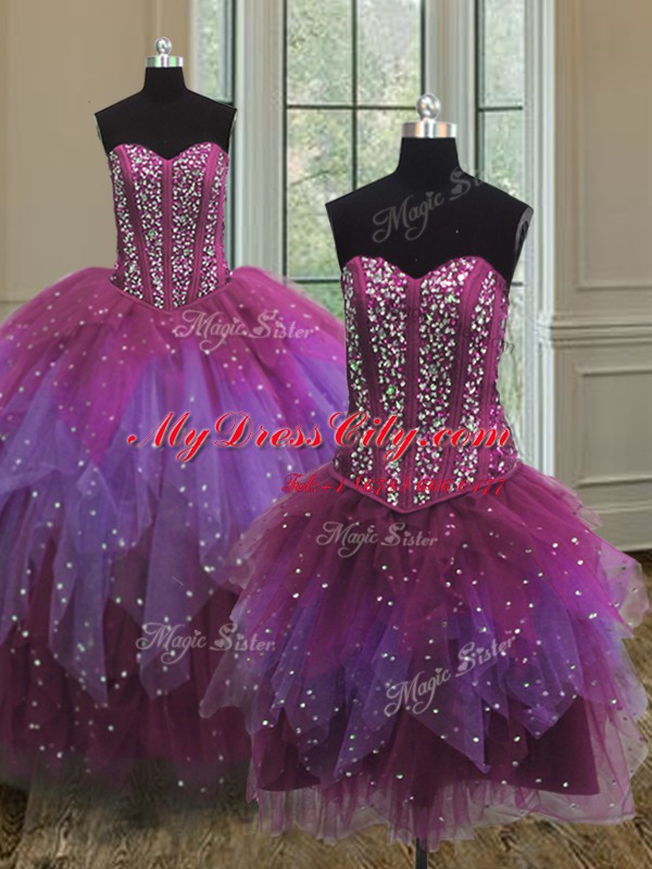 Custom Designed Three Piece Sweetheart Sleeveless Quinceanera Gowns Floor Length Beading Multi-color Tulle