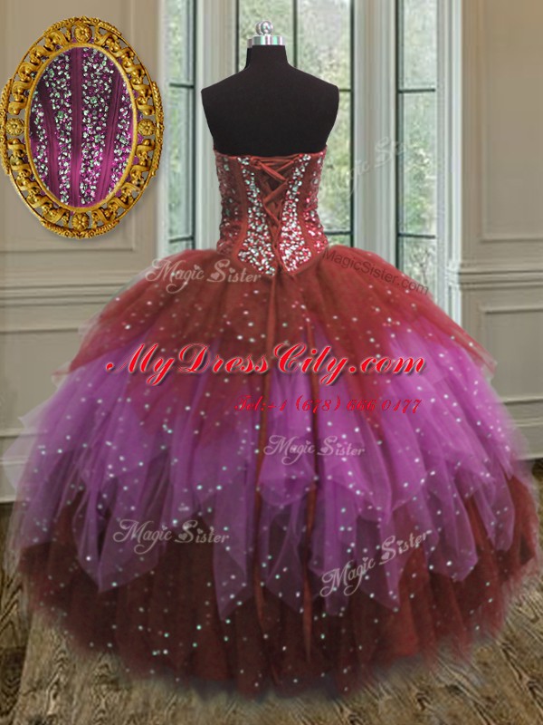 Custom Designed Three Piece Sweetheart Sleeveless Quinceanera Gowns Floor Length Beading Multi-color Tulle